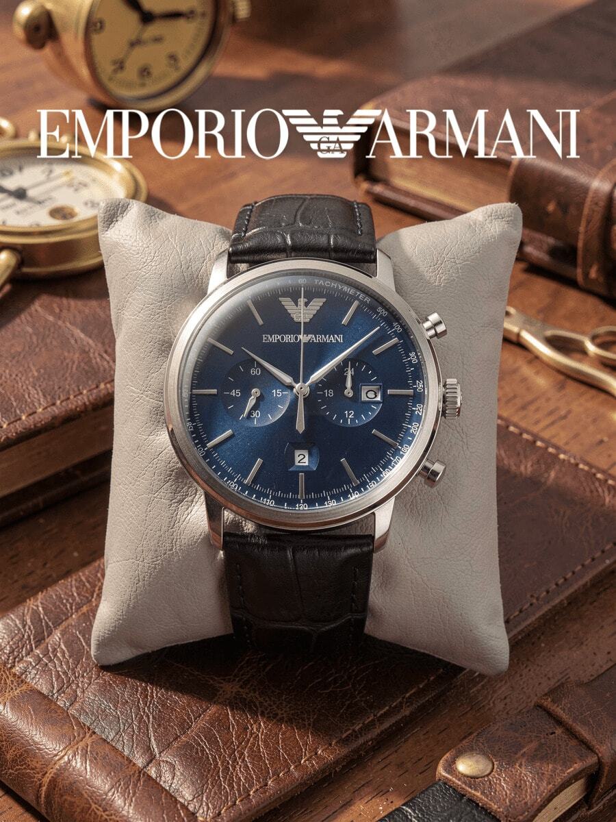 Emporio Armani AR11105 Men Business Chronograph Wristwatch,Tachymeter Scale,Multi‑Sub‑Dial,Eagle Logo,Luxury Embossed Strap - Black - View 1