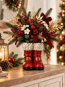 1pc Christmas Santa Boot Resin Vase, Red Double Boot Flower Vase With White Textured Cuff And Gold Buckles, Festive Tabletop Centerpiece For Mantel, Dining Table, Entryway, Living Room & Xmas Gift - Multicolor - View 7