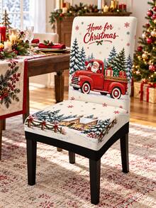 聖誕老人紅色復古卡車椅套，雪地松樹、禮物盒、雪花與「Home For Christmas」印花，懷舊鄉村聖誕風格椅背與座墊一體式保護套，適用於聖誕晚餐、家庭聚會、農舍餐廳與冬季家居裝飾 - 彩色 - 查看 4