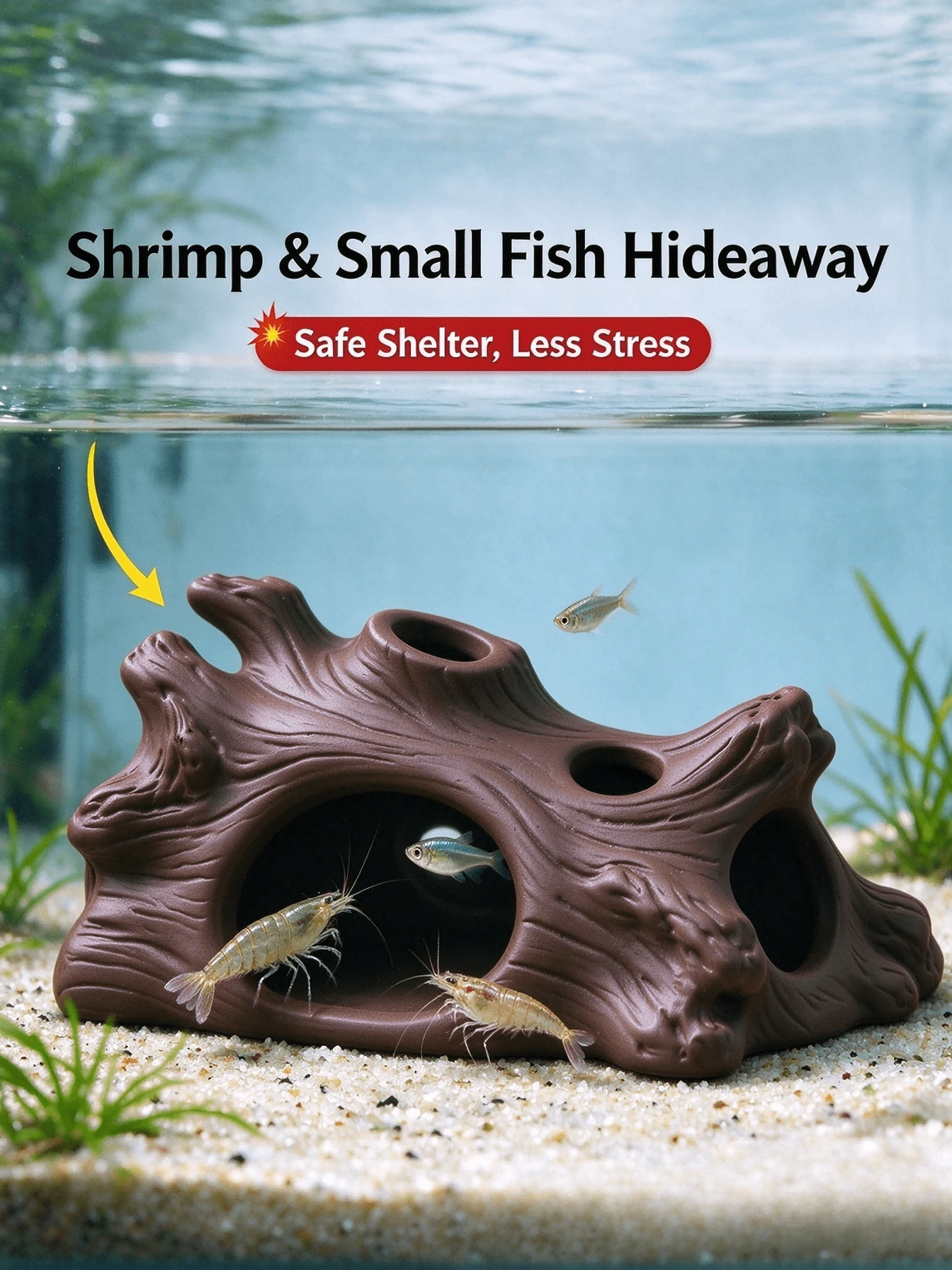 1pc Shrimp Hideout PETG Tree Stump Aquarium Cave, Multi-Hole Shelter For Nano Tank - Happy Aquarium - View 1