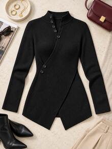 Women's Black Faux Collar Asymmetric Button Detail Long Sleeve Ribbed Knit Top - Black - View 1