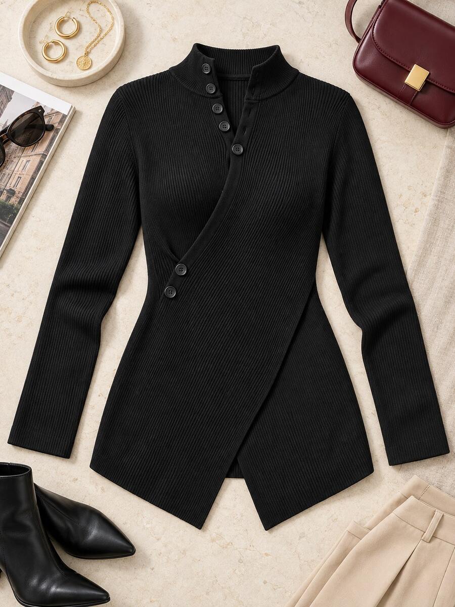 Women's Black Faux Collar Asymmetric Button Detail Long Sleeve Ribbed Knit Top - Black - View 1