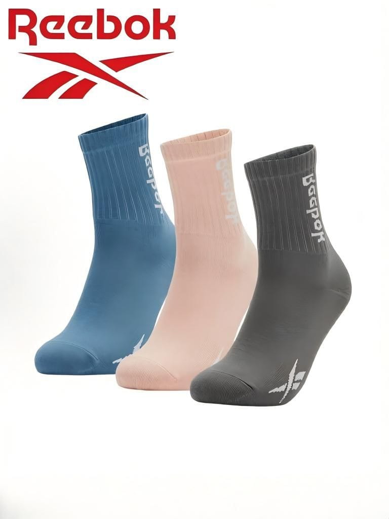 Reebok 極簡純色直條紋中筒襪 3雙,高彈性親膚透氣,日常通勤休閒運動基礎襪 - 藍灰粉 - 查看 1