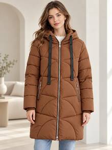 Women Casual Hooded Mid-Long Puffer Coat, Contrast Drawstring Zip Up Winter Warm Quilted Jacket With Ribbed Cuffs - Brown - View 1
