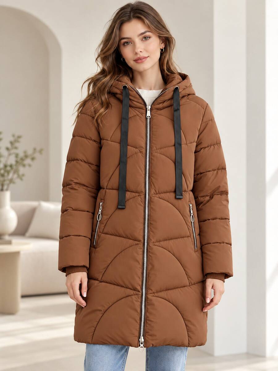 Women Casual Hooded Mid-Long Puffer Coat, Contrast Drawstring Zip Up Winter Warm Quilted Jacket With Ribbed Cuffs - Brown - View 1