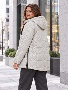 Plus Size Hooded Quilted Padded Coat Zipper Pocket Long Sleeve Warm Jacket - Light Grey - View 6