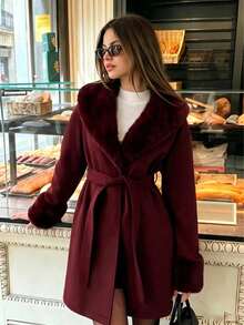 Women's Elegant Faux Fur Collar And Cuffs Mid-Length Coat, Tie Waist ...