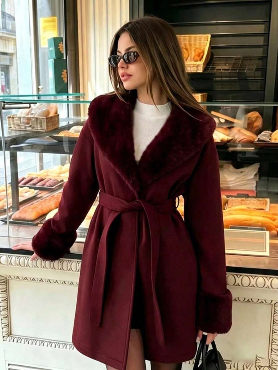 Women's Elegant Faux Fur Collar And Cuffs Mid-Length Coat, Tie Waist ...