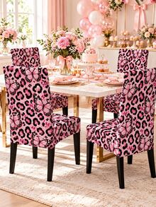 2/4/6pcs Pink Black Leopard Butterfly Print Chair Covers, Pink Bowknot Pattern, Y2K Girly Style, Suitable For Dining Room Home Decor, Birthday Party And Afternoon Tea Setup - C - View 9