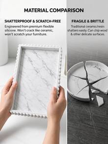 1pc White Marble Pattern Silicone Storage Tray, Waterproof Scalloped Edge Decorative Organizer For Bathroom, Bedroom, Kitchen And Entryway, Washable Countertop Catchall For Soap, Perfume, Jewelry, Candles And Daily Essentials, 3 Sizes Available - Multicolor - View 7