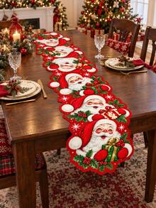 1pc Santa Claus Shaped Table Runner, Vintage Santa Candy Cane Bell Gift Box Holly Snowflake Print Wavy Edge Long Tablecloth, Festive Winter Dining Table Decor, Suitable For Kitchen, Dining Room, Family Gathering, Christmas Party And Holiday Home Decor - C - View 13