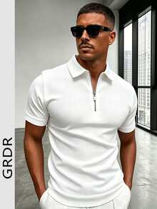 GRDR Men's Summer Polo Collar Half Zip Short Sleeve T-Shirt, Suitable For Outdoor, Vacation And Casual Wear - White - View 3