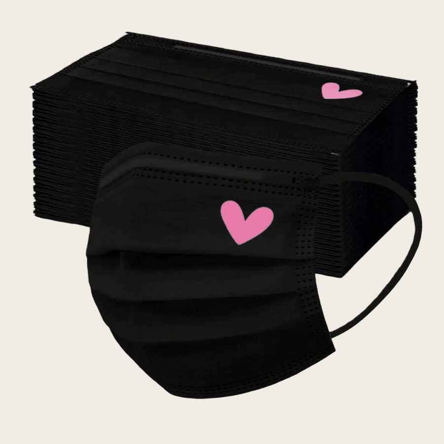 10/30/50pcs Cute Pink Heart Print Masks - Elastic Breathable Black Masks, Suitable For Women And Teenagers, Washable, Fashionable Daily Accessory, Fun Style, Comfortable To Wear - View 1