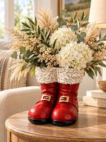 1pc Christmas Santa Boot Resin Vase, Red Double Boot Flower Vase With White Textured Cuff And Gold Buckles, Festive Tabletop Centerpiece For Mantel, Dining Table, Entryway, Living Room & Xmas Gift - Multicolor - View 4