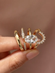 Women 18K Gold Plated Stackable Ring Set, Oval Cut Clear Cubic Zirconia Multi-Band Open Stacking Rings, For Wedding Party Daily Wear - Gold - View 2