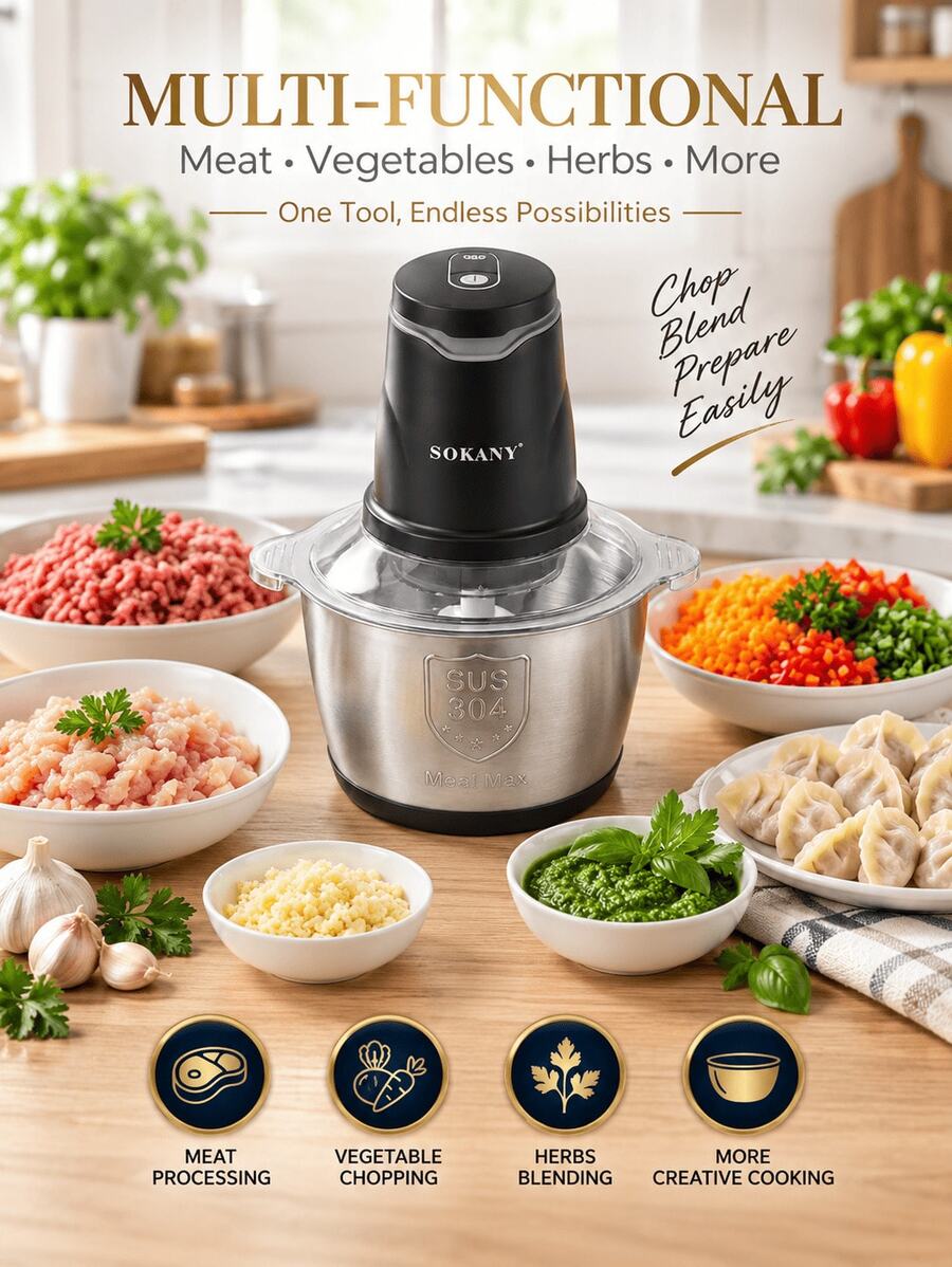 SOKANY SONAKY7020 Penggiling Daging Stainless Steel 400W, Kapasitas 2L, 4 Mata Pisau, Cincang Daging/Sayuran/Buah, Untuk Rumah & Dapur