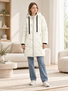 Women Casual Hooded Mid-Long Puffer Coat, Contrast Drawstring Zip Up Winter Warm Quilted Jacket With Ribbed Cuffs - White - View 8