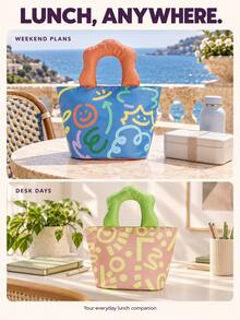 Lunch Bag Bento Box Insulated Tote, Women's Work Lunch Bag, Portable Meal Box Storage Bag, Colorful Graffiti Smiling Face And Abstract Geometric Print, Multiple Color Options, Wavy Thick Soft Handle, Trapezoid Body, Wide Mouth Design, Snap Closure, Silver Lining Easy To Clean, Reusable, Can Store Lunch Box, Water Bottle, Utensil Box And Napkins, Suitable For Office Dining, Daily Commute - Multicolor - View 8
