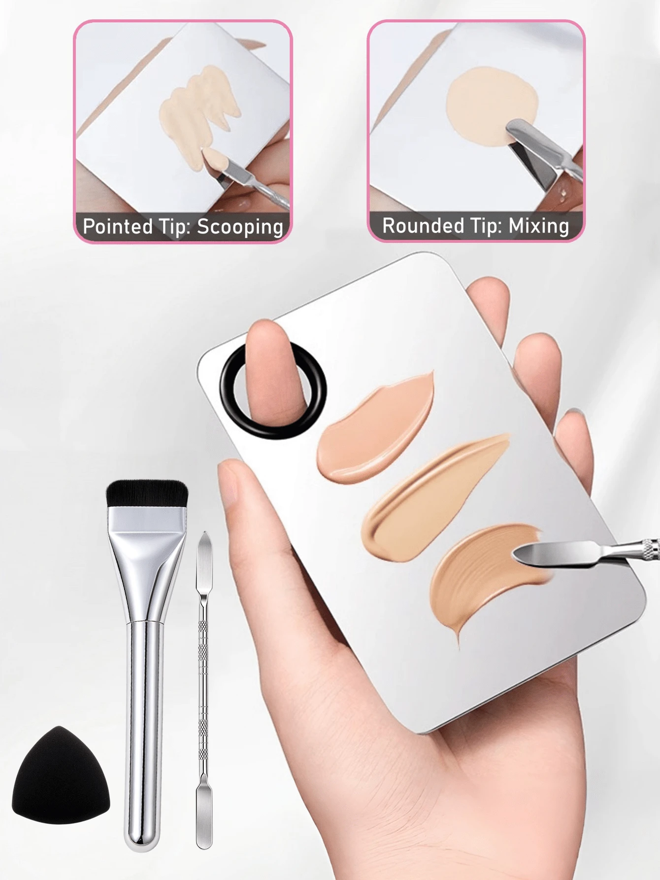 4pcs Makeup Foundation Mixing Set, Stainless Steel Makeup Mixing Palette, Circular Foundation Scraper, Flat Head Foundation Brush, Triangle Makeup Sponge, Professional Makeup Tools Suitable For Beginners, Makeup Artists, Daily Makeup, Party Makeup - Multicolor - View 1