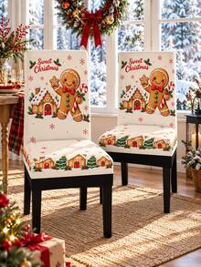 Gingerbread Man Christmas Chair Cover, Gingerbread House, Candy Cane, Snowflake, Holly Leaf And Sweet Christmas Lettering Pattern, Cute Dessert Theme Holiday Chair Back Seat Protector, Suitable For Christmas Party, Family Gathering, Restaurant And Winter Home Decor - Multicolor - View 13