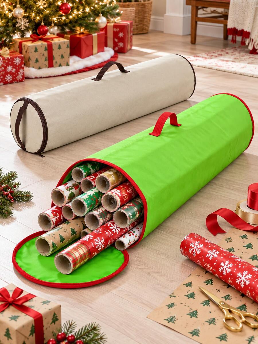 1pc Oxford Fabric Christmas Gift Wrapping Storage Bag, Christmas Wrapping Paper Storage Bag, Large Capacity Gift Wrapping Organizer Bag, Beige With Brown Handle Wrapping Paper Storage Bag, Christmas Holiday Decoration Storage Container, Easy To Carry Cylindrical Container - Beige Brown - View 1
