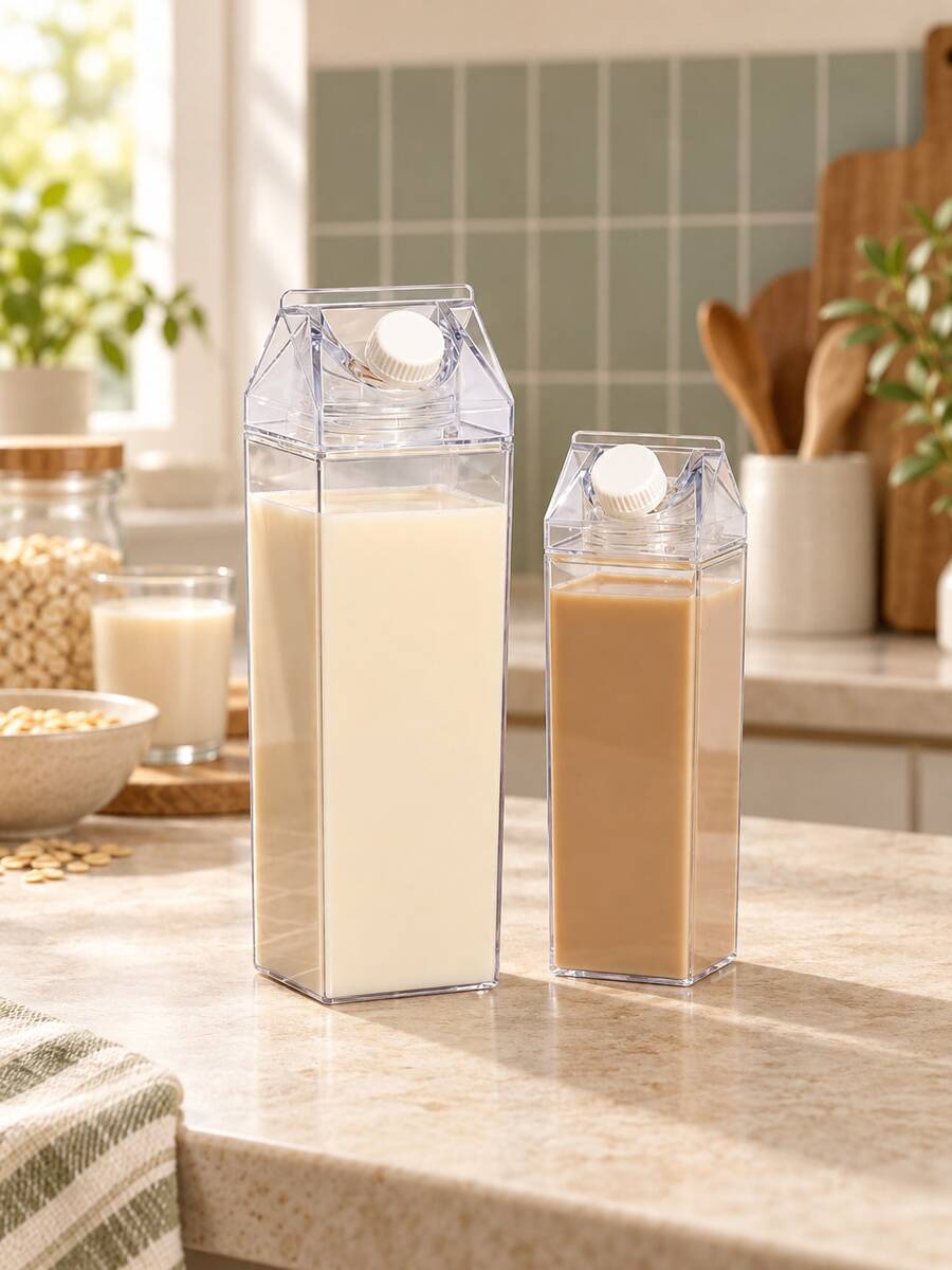 1pc Large Capacity 500ml/1000ml Transparent Square Water Bottle, Milk Carton Shape, Suitable For Milk, Coffee, Juice And Other Beverages, Large Capacity Meets Outdoor Hydration Needs, Suitable For Outdoor Use, Kitchen, Autumn Decor, Room Decor, Birthday