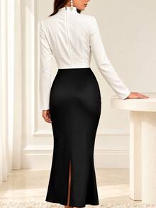 Women's Spring/Autumn Elegant Colorblock Long Sleeve Minimalist Fashion Dress - Black and White - View 5