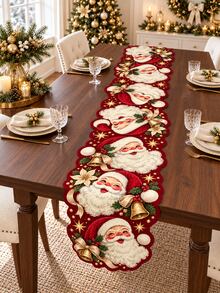 1pc Santa Claus Shaped Table Runner, Vintage Santa Candy Cane Bell Gift Box Holly Snowflake Print Wavy Edge Long Tablecloth, Festive Winter Dining Table Decor, Suitable For Kitchen, Dining Room, Family Gathering, Christmas Party And Holiday Home Decor - C - View 8