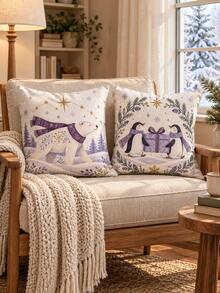 2pcs Christmas Pillow Covers Set, Winter Polar Bear & Penguin Gift Pattern, Faux Super Soft Single-Sided Printed Sofa Cushion Covers, Pillow Inserts Not Included - Multicolor - View 13