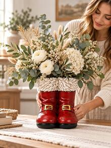 1pc Christmas Santa Boot Resin Vase, Red Double Boot Flower Vase With White Textured Cuff And Gold Buckles, Festive Tabletop Centerpiece For Mantel, Dining Table, Entryway, Living Room & Xmas Gift - Multicolor - View 10