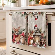 2pcs Modern Watercolor Squirrel Bird Pine Tree Pattern Kitchen Supplies Holiday Kitchen Decor, Winter Home Decoration, Christmas Gift Set - Multicolor - View 2
