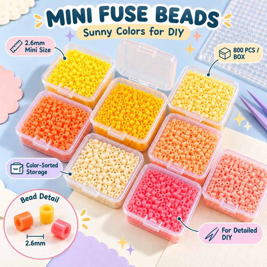 2.6mm Sundymot Fuse Beads, 800PCS+ Orange-Yellow Color Series Independent Small Box Packaging, Easy To Store, Not Easy To Spill, DIY Pendant Keychain, Jewelry Making Craft Raw Materials, Graduation Season, Back To School, Christmas, Party Birthday Gift, Multi-Color 2.6mm Fuse Beads Bulk Refill Set