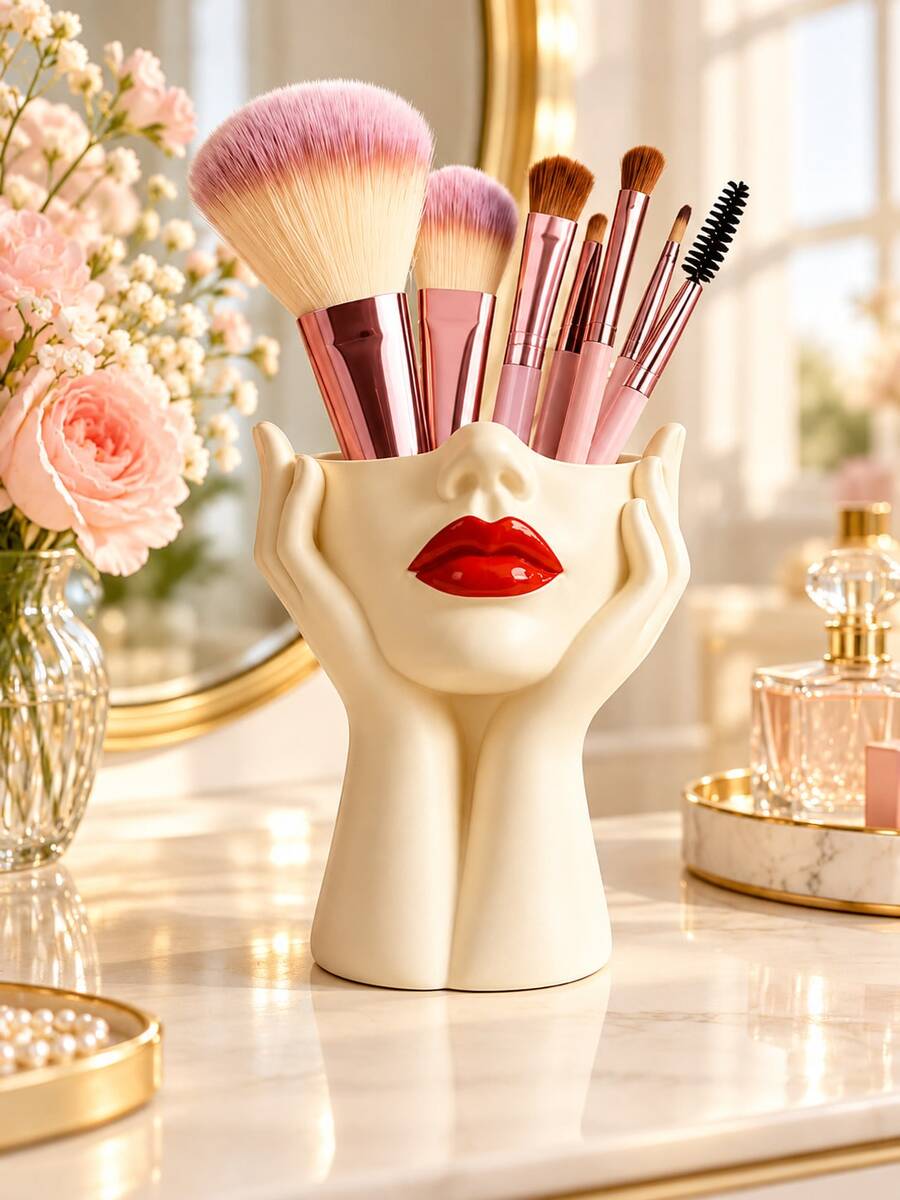 Cute Abstract Face Makeup Brush Holder, Resin Red Lips Cosmetic Storage Box, Vanity Decor, Desktop Pen Holder, Beauty Tool Organizer, Bathroom Countertop Accessory, Women's Vanity Gift, Bedroom Shelf Decor, Christmas Decor, Christmas Gifts - Multicolor - View 1