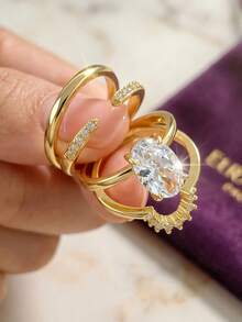 Bộ nhẫn xếp chồng hình oval thanh lịch, nhẫn nữ đính đá Cubic Zirconia đa năng, trang sức đồng, phù hợp cho đính hôn, Valentine và trang trí hàng ngày - Vàng - Xem 2