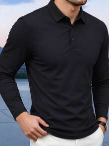 Men's Solid Color Versatile Business Casual Sports Polo T-Shirt Top - Black - View 3