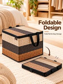 2D Flat Wicker Print Storage Organizer,Foldable Storage Box , Large Capacity Collapsible Storage ,Lace-Trimmed Storage Box,Clothes, Blankets, Toys And Household Essentials, Space Saving Closet Organizer For Bedroom, Living Room,Home Organization - Multicolor - View 3