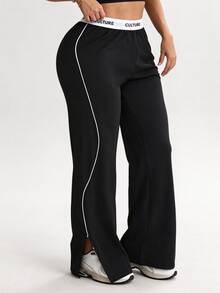 Women's Fashion Solid Color High Waist Yoga Casual Sports Knit Long Pants - Black - View 5