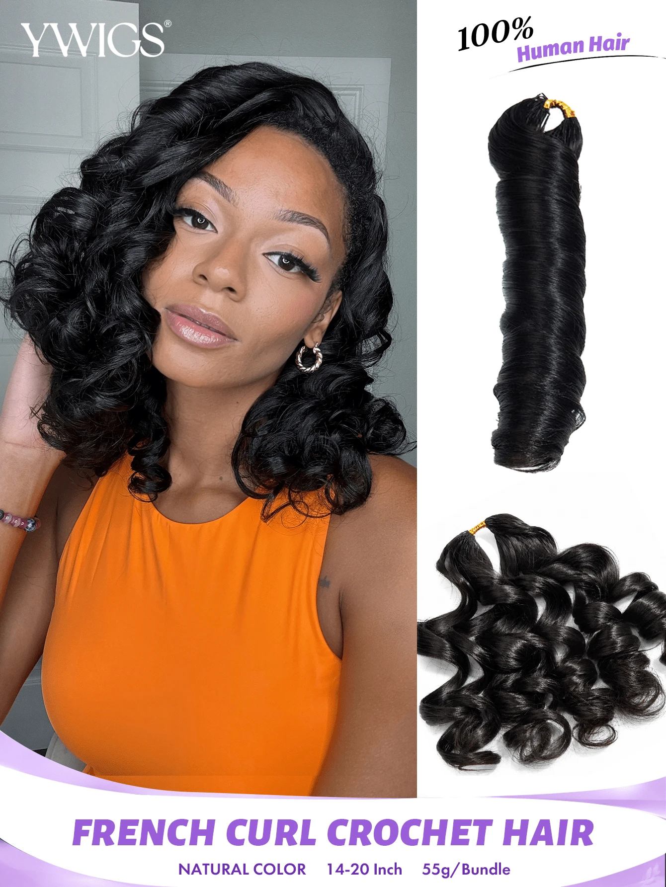 Y WIGS شعر كروشيه فرنسي مجعد من الشعر البشري 55 جرام، شعر كروشيه ريشي غير مرئي، حزم شعر كروشيه بشري مع عقد معجزة 14-20 بوصة، لون طبيعي، طويل الأمد وناعم وأنيق، قابل لإعادة الاستخدام، 100% شعر بشري ريمي، إضافات شعر للمهرجانات والأعراس والحفلات - SNatural - مشاهدة 1