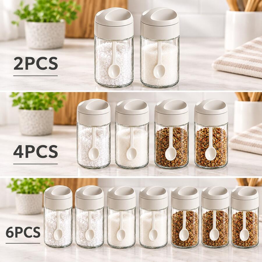 6/4/2pcs Glass Spice Jars With Built-In Spoon, Lidded Seasoning Containers, Salt Sugar Spice Storage Canisters, Kitchen Condiment Dispenser, Desktop Organizer For Home Cooking - Multicolor - View 1