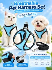 1 Set Cat Harness And Leash, Lightweight And Breathable Mesh Fabric, Simple Sports Style, Light Blue With Black Trim, Vest Design, Honeycomb Mesh Texture, Gray Reflective Strip Detail, Metal D-Ring On Back, Buckle Connection, Wraps Around Chest And Back, Distributes Pulling Force, Convenient For Walking And Leashing - Blue - View 7