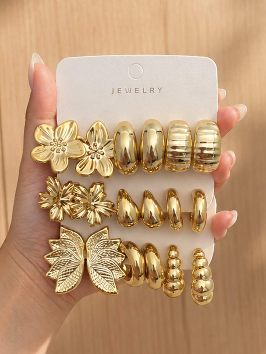6/18pcs Fashionable Elegant Flower Water Drop Eternal Flower Multi-Element Women's Gold Earrings Set, Suitable For Daily Wear, Perfect Gift Choice - Yellow Gold - View 1