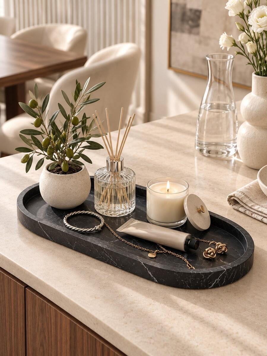 1pc Black Marble Pattern Silicone Tray, Decorative Jewelry Storage Box, Suitable For Rings, Earrings And Necklaces, Smart Storage Decoration For Vanity, Bedroom Dresser And Nightstand, Keeps Items Organized, Jewelry Tray, Ring Dish, Vanity Decor Gift For Her - Multicolor - View 1