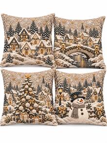 4pcs Christmas Snow Scene Town Pillow Covers, Winter Snowman & Christmas Tree Print, Soft Polyester Fiber Decorative Cushion Covers, Suitable For Sofa, Living Room, Bedroom Holiday Decor, Pillow Inserts Not Included - Multicolor - View 8