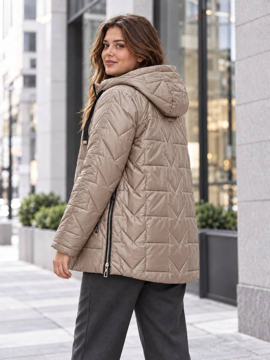 Plus Size Hooded Quilted Padded Coat Zipper Pocket Long Sleeve Warm Jacket - Camel - View 1