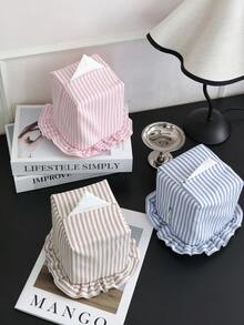 1pc Aesthetic Cottagecore Fabric Square Tissue Box Cover With Striped Pattern And Ruffled Hem Soft Desktop Napkin Holder Dispenser Organizer To Decorate Bedroom Nightstand Living Room Coffee Table Spring Home Decor Women Gifts Suitable For Christmas - Multicolor - View 11