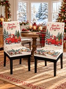 聖誕老人紅色復古卡車椅套，雪地松樹、禮物盒、雪花與「Home For Christmas」印花，懷舊鄉村聖誕風格椅背與座墊一體式保護套，適用於聖誕晚餐、家庭聚會、農舍餐廳與冬季家居裝飾 - 彩色 - 查看 12