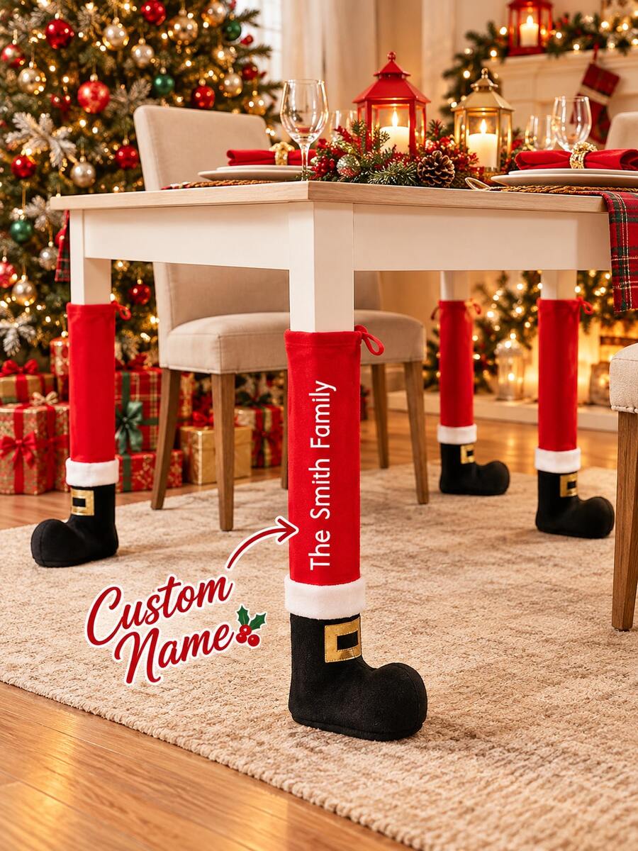 Personalized Christmas Family Santa Boots Table & Chair Leg Covers, Custom Santa Socks Table & Chair Leg Covers, Novel Christmas Holiday Dining Room Home Decor, Holiday Party Gift, Winter Holiday Gift - Multicolor - View 1