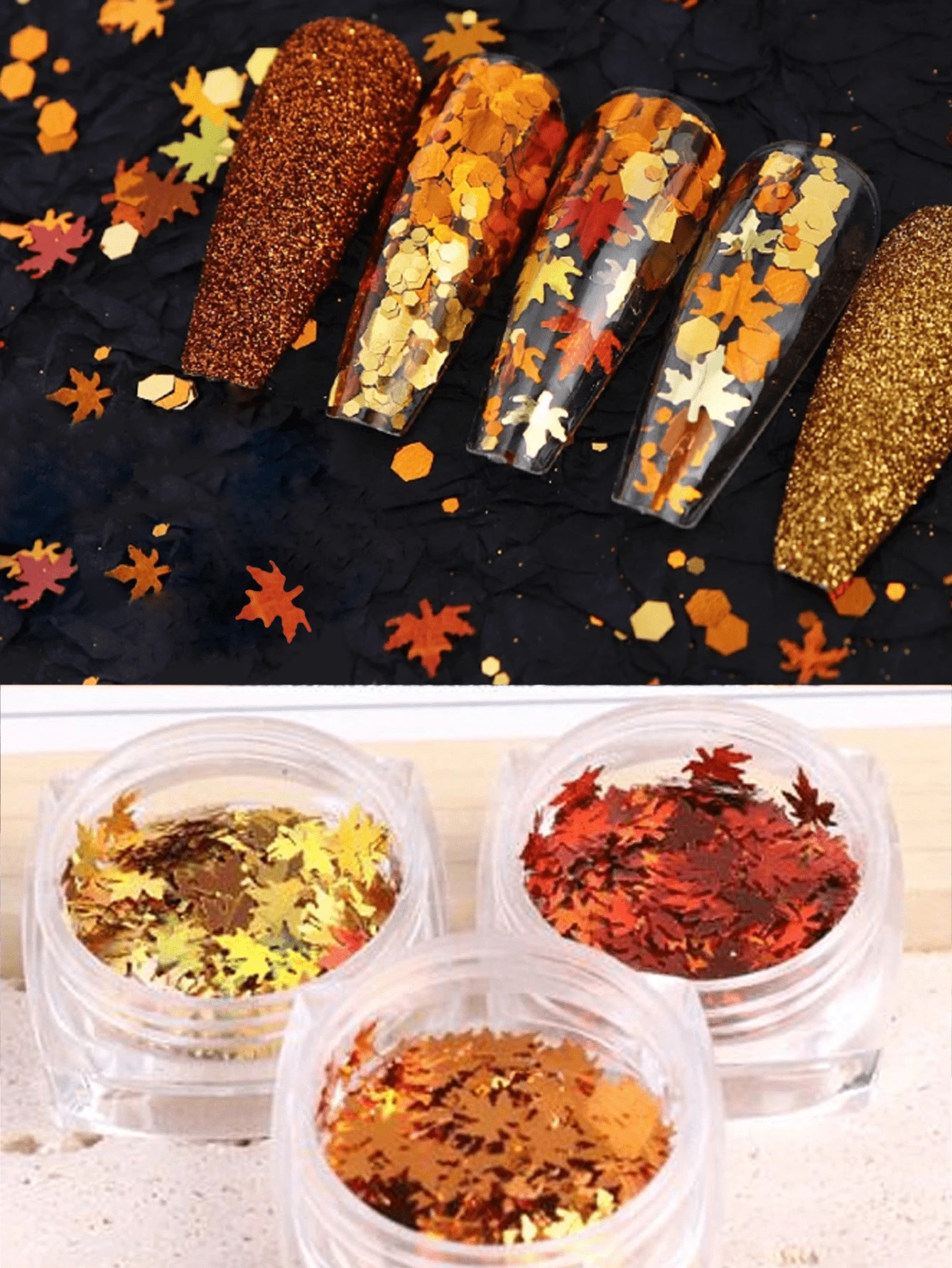 3-Color Round Box Of Maple Leaf Nail Glitter, Three Boxes Of Autumn Holographic Gold Leaf Embellishments, DIY Autumn Nail Art Decoration Accessories - Multicolor - View 1