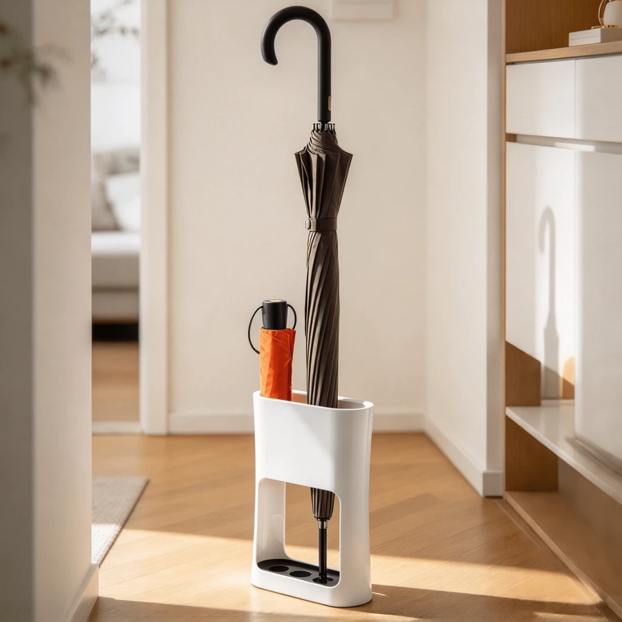 Compact White Umbrella Stand With Drip Tray. It Collects Dripping Water And Takes Up Little Space In The Hallway And Entryway. - 1PC - View 1