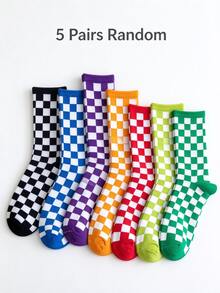 5 đôi tất nữ họa tiết bàn cờ ngẫu nhiên cổ trung - Nhiều màu - Xem 5